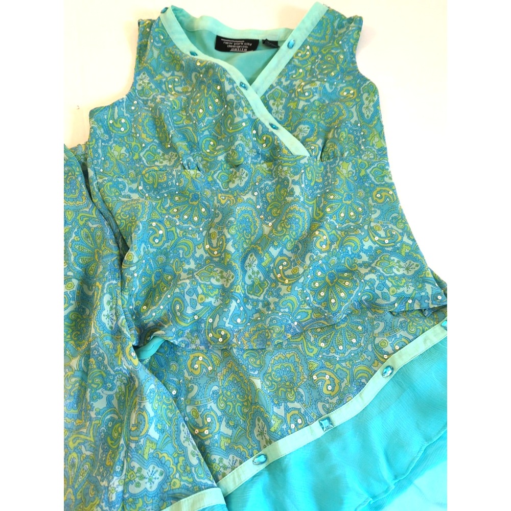 Y2K New York City Design Co 14P Silk Sequin Stones Blouse Skirt Set Baby Doll